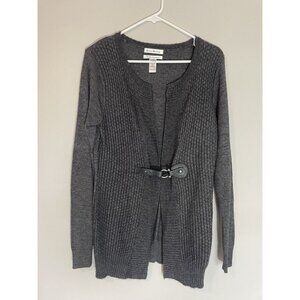 Susan Bristol Belted Cardigan Sweater Gray Merino Wool Blend‎ Sz L Front Buckle